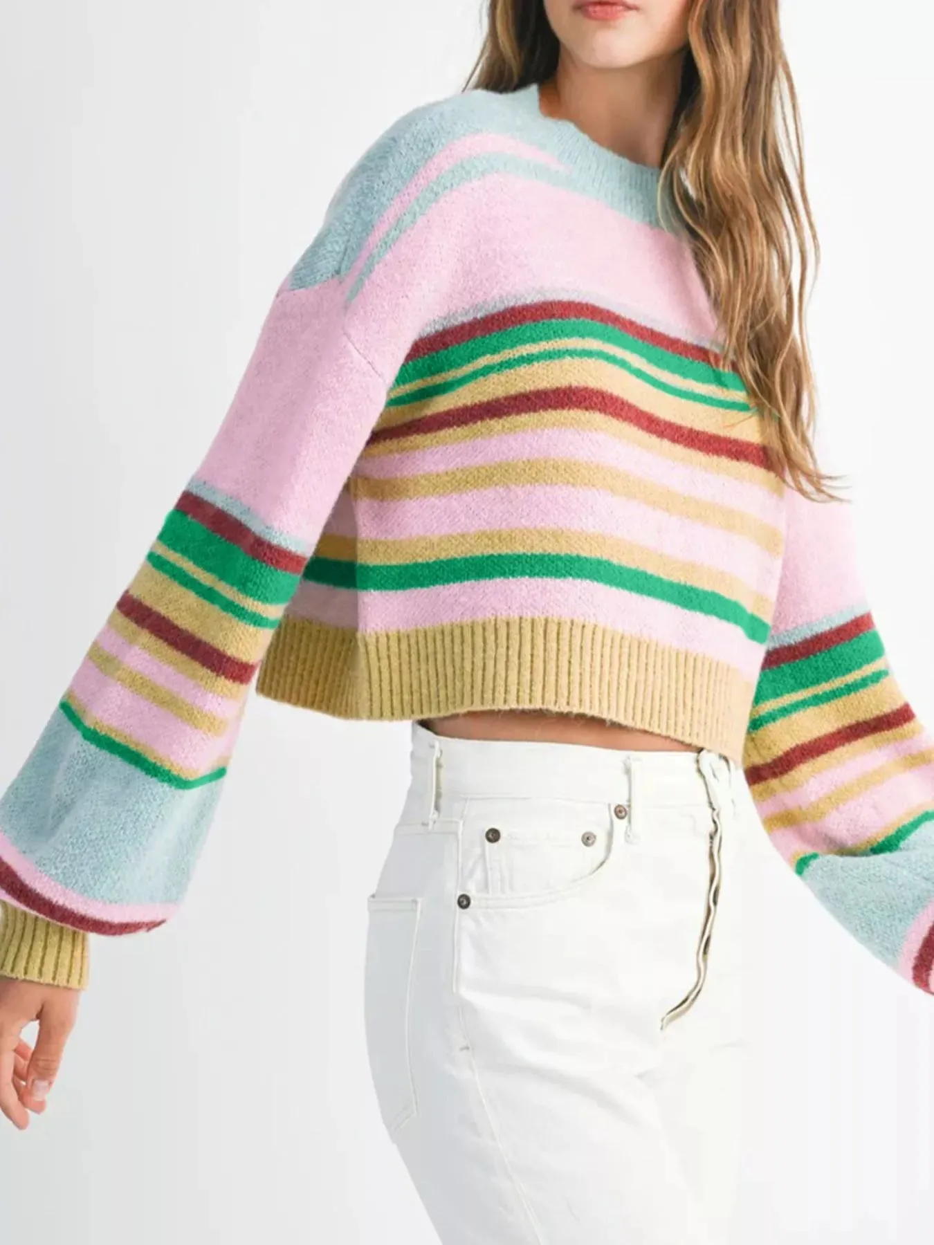 Multicolour Striped Knit Ribbed Trim Boxy Fit Cropped Sweater sold by Charming Charlie product image thumbnail 5