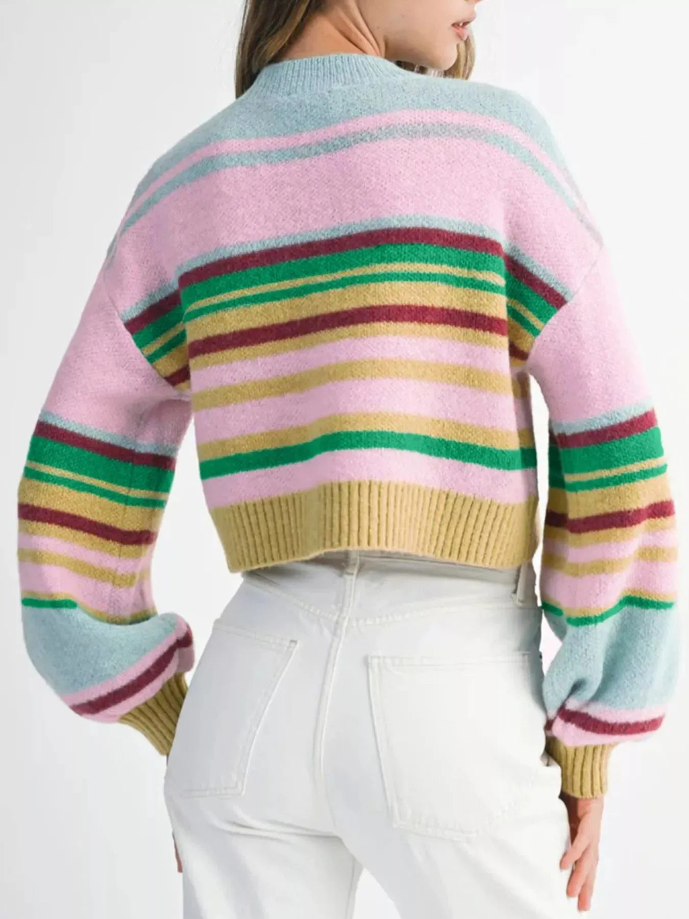 Multicolour Striped Knit Ribbed Trim Boxy Fit Cropped Sweater sold by Charming Charlie product image thumbnail 2