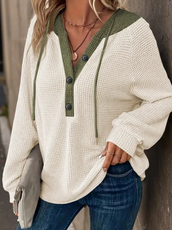 Waffle Knit Button Detail Drawstring Hoodie sold by Charming Charlie