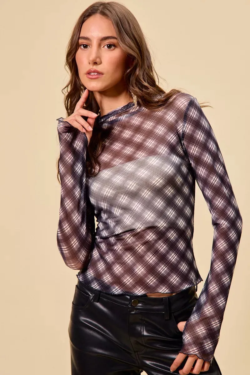 SO ME Plaid Mesh Knit Long Sleeve Top with Thumb Opening sold by Charming Charlie