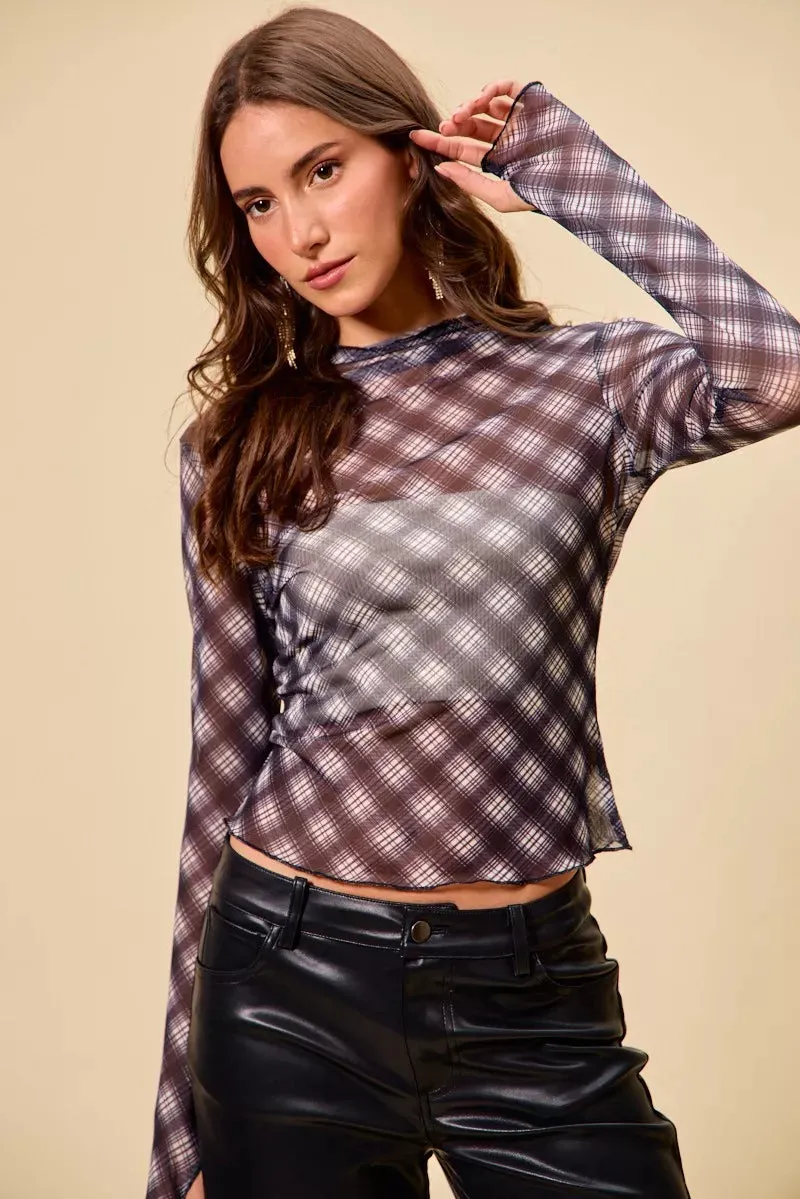 SO ME Plaid Mesh Knit Long Sleeve Top with Thumb Opening sold by Charming Charlie product image thumbnail 5