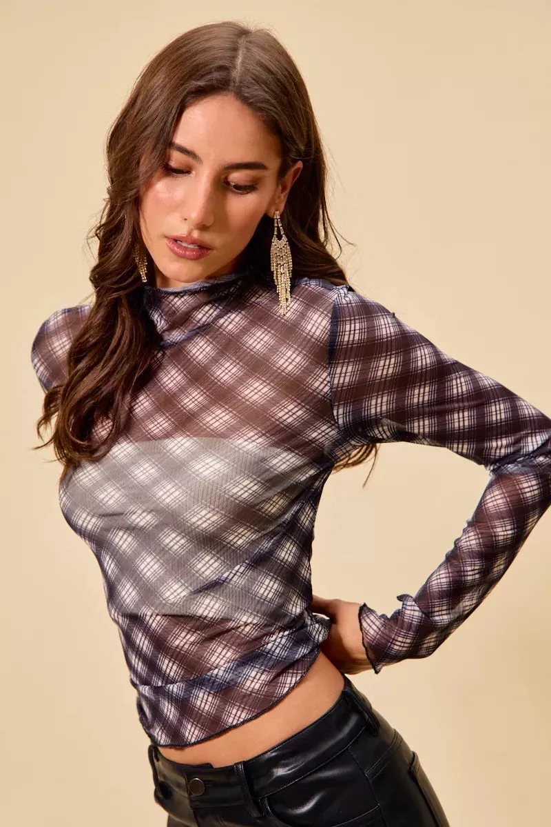 SO ME Plaid Mesh Knit Long Sleeve Top with Thumb Opening sold by Charming Charlie product image thumbnail 2