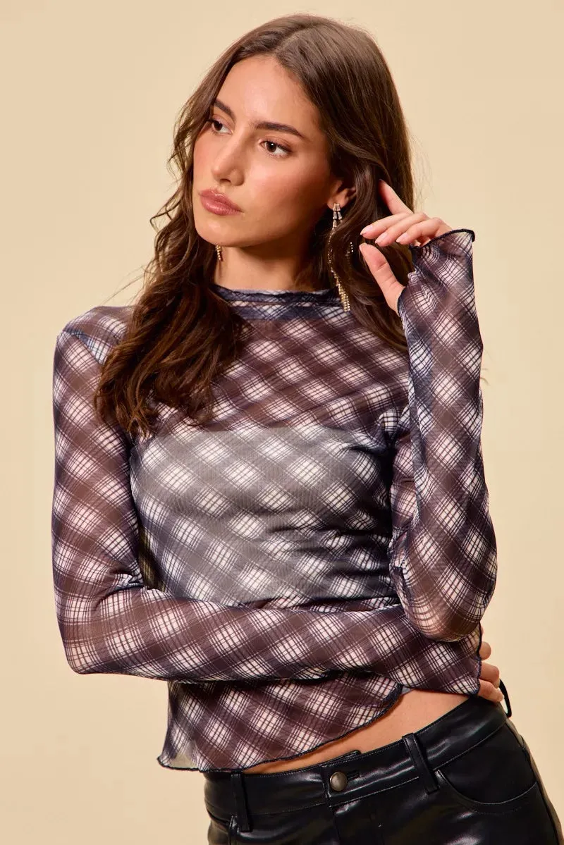 SO ME Plaid Mesh Knit Long Sleeve Top with Thumb Opening sold by Charming Charlie product image thumbnail 3