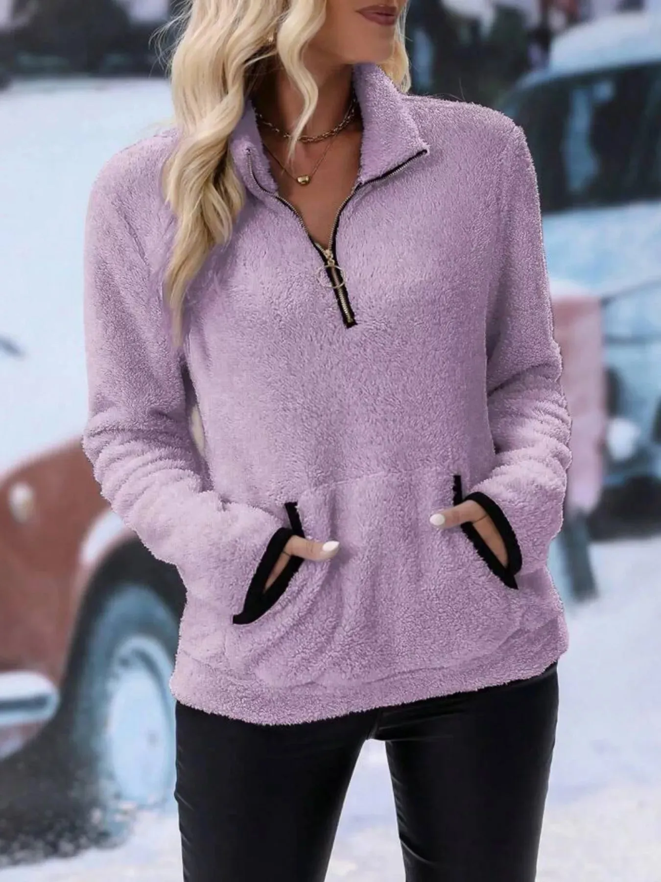 Plus Size Cozy Fleece Quarter Zip Sweatshirt with Pockets sold by Charming Charlie