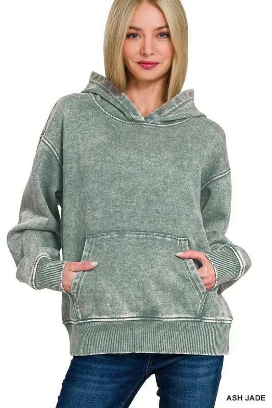 Zenana Fleece Acid Wash Kangaroo Pocket Hoodie sold by Charming Charlie