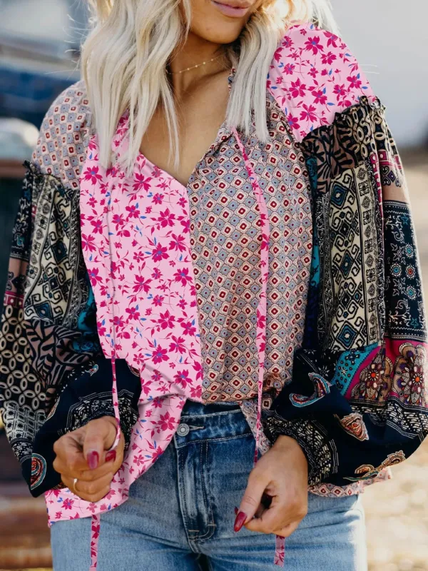 Boho Mixed Floral Drop Shoulder Bubble Sleeve Blouse sold by Charming Charlie