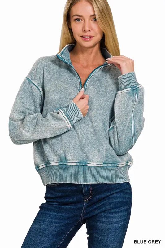 Zenana Acid Wash Fleece Half Zip Sweatshirt sold by Charming Charlie