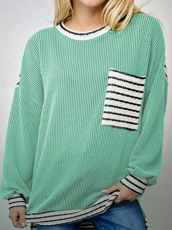 Twisted Ribbed Contrast Round Neck Striped Patchwork Long Sleeve Top sold by Charming Charlie