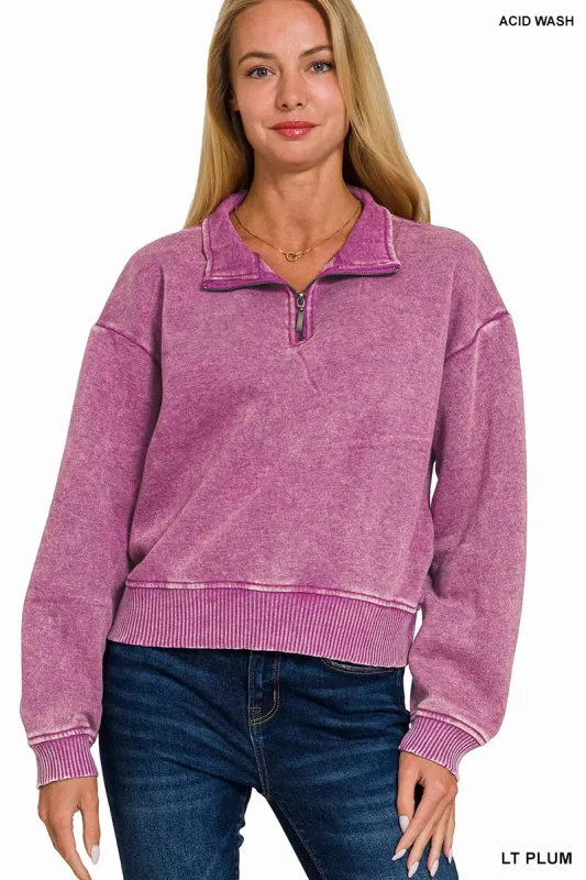 Zenana Acid Wash Fleece Half Zip Sweatshirt sold by Charming Charlie