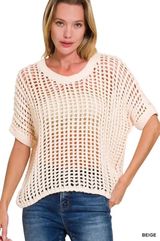 Zenana Fish Net Short Sleeve Crochet Knit Cover Up sold by Charming Charlie