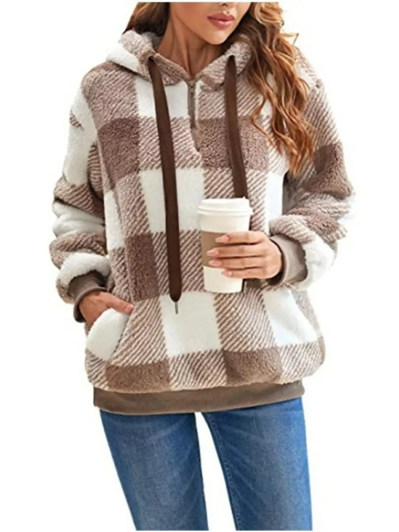 Full Size Plaid Sherpa Drawstring Hoodie Plus Size sold by Charming Charlie product image thumbnail 4