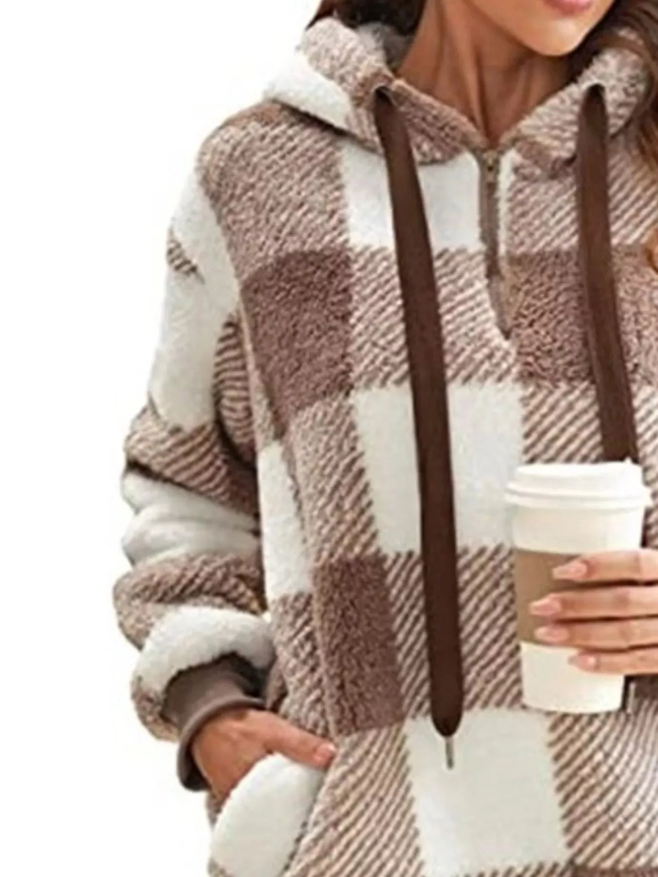 Full Size Plaid Sherpa Drawstring Hoodie Plus Size sold by Charming Charlie product image thumbnail 5