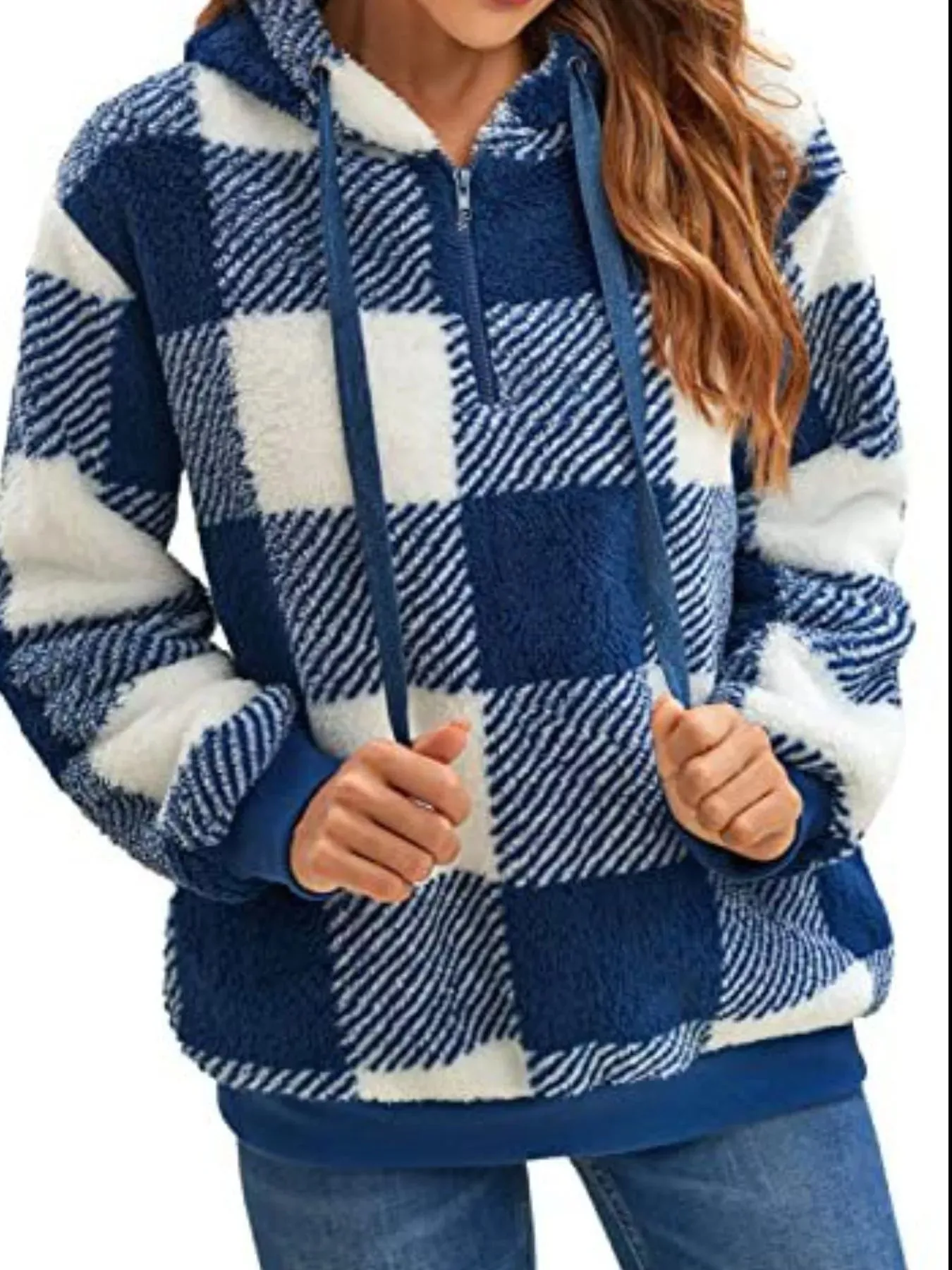 Full Size Plaid Sherpa Drawstring Hoodie Plus Size sold by Charming Charlie product image thumbnail 2