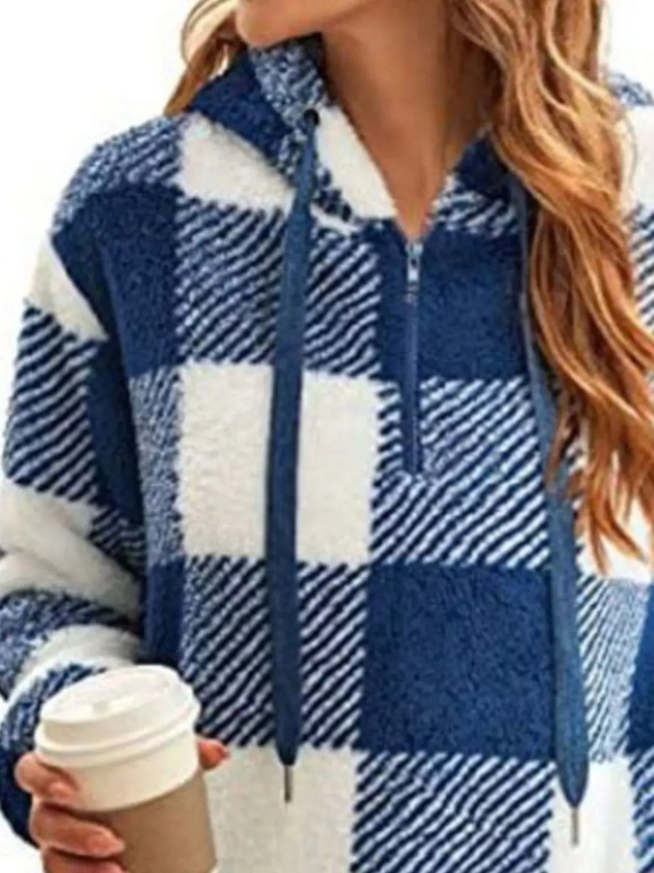 Full Size Plaid Sherpa Drawstring Hoodie Plus Size sold by Charming Charlie product image thumbnail 3