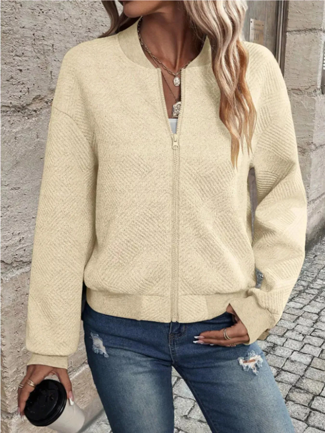 Textured Knit Zip-Up Bomber Jacket sold by Charming Charlie product image thumbnail 5