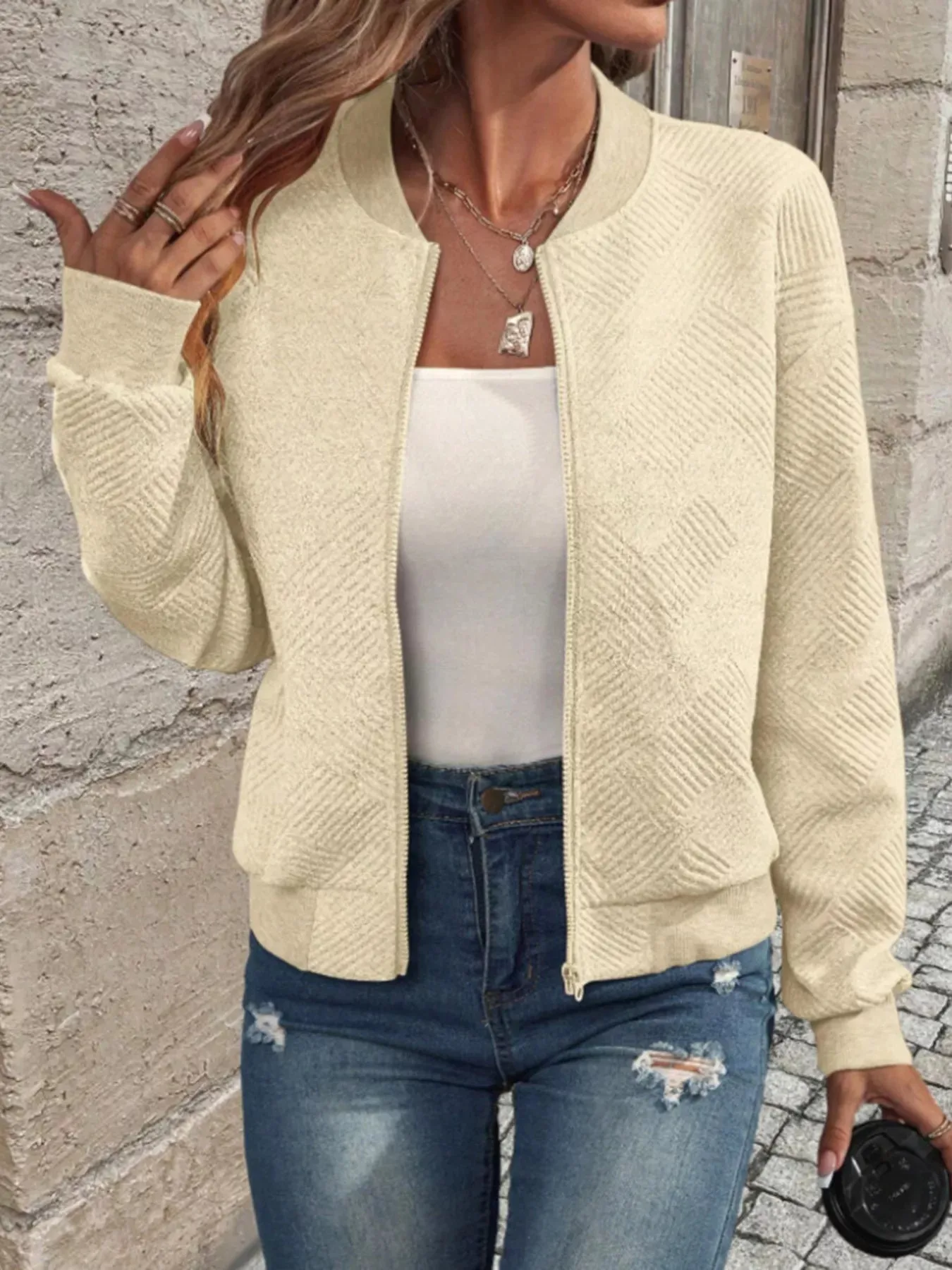 Textured Knit Zip-Up Bomber Jacket sold by Charming Charlie product image thumbnail 2