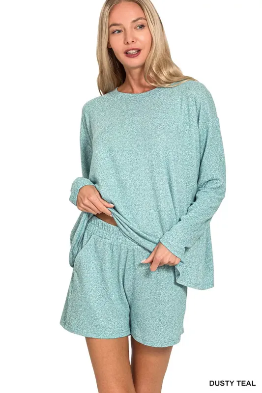 Zenana Soft Melange Long Sleeve Tee and Shorts Set sold by Charming Charlie
