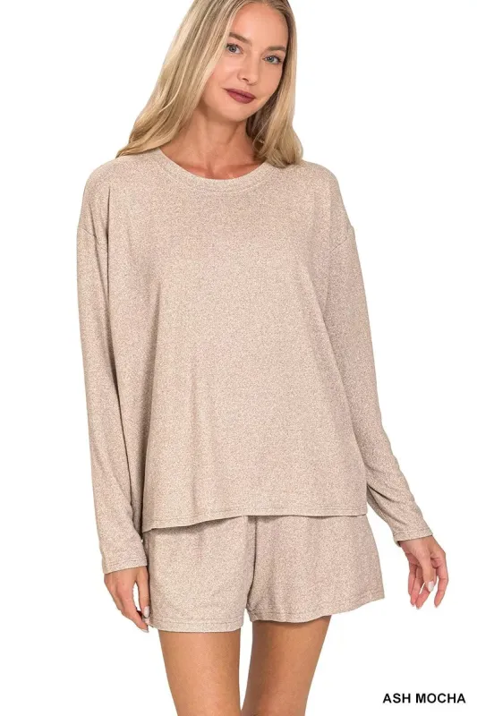 Zenana Soft Melange Long Sleeve Tee and Shorts Set sold by Charming Charlie
