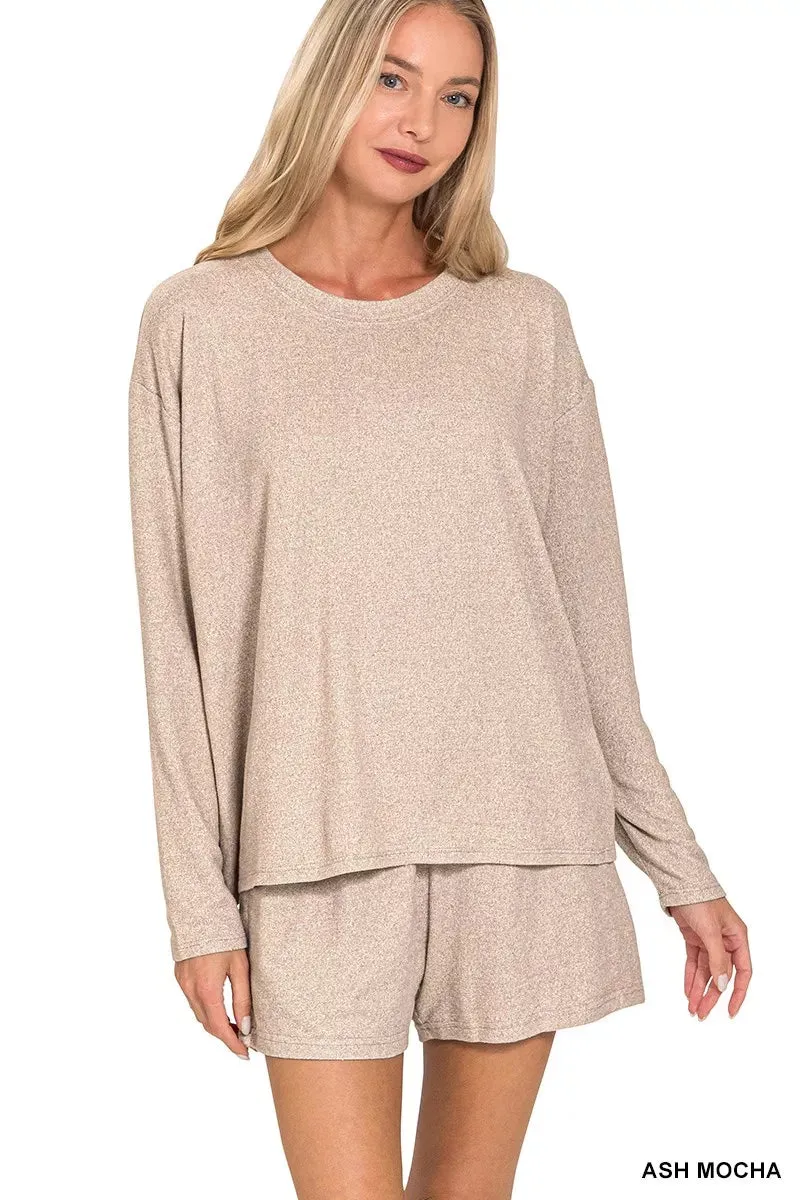 Zenana Soft Melange Long Sleeve Tee and Shorts Set sold by Charming Charlie