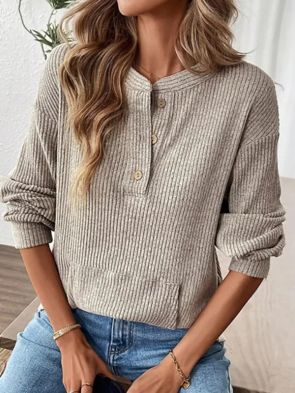 Ribbed Button Detail Long Sleeve T-Shirt sold by Charming Charlie