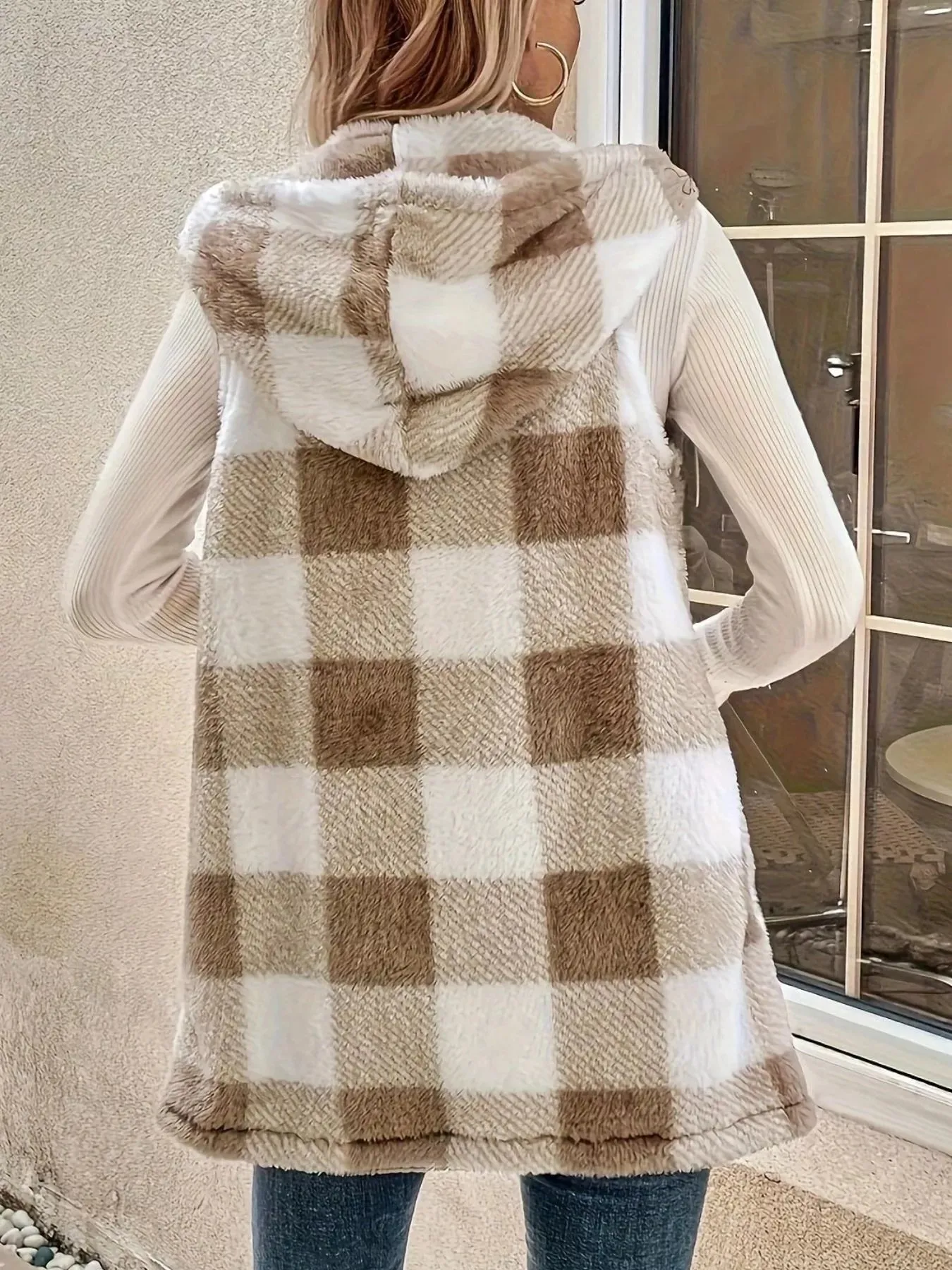 Hooded Plaid Sherpa Vest Coat sold by Charming Charlie product image thumbnail 3