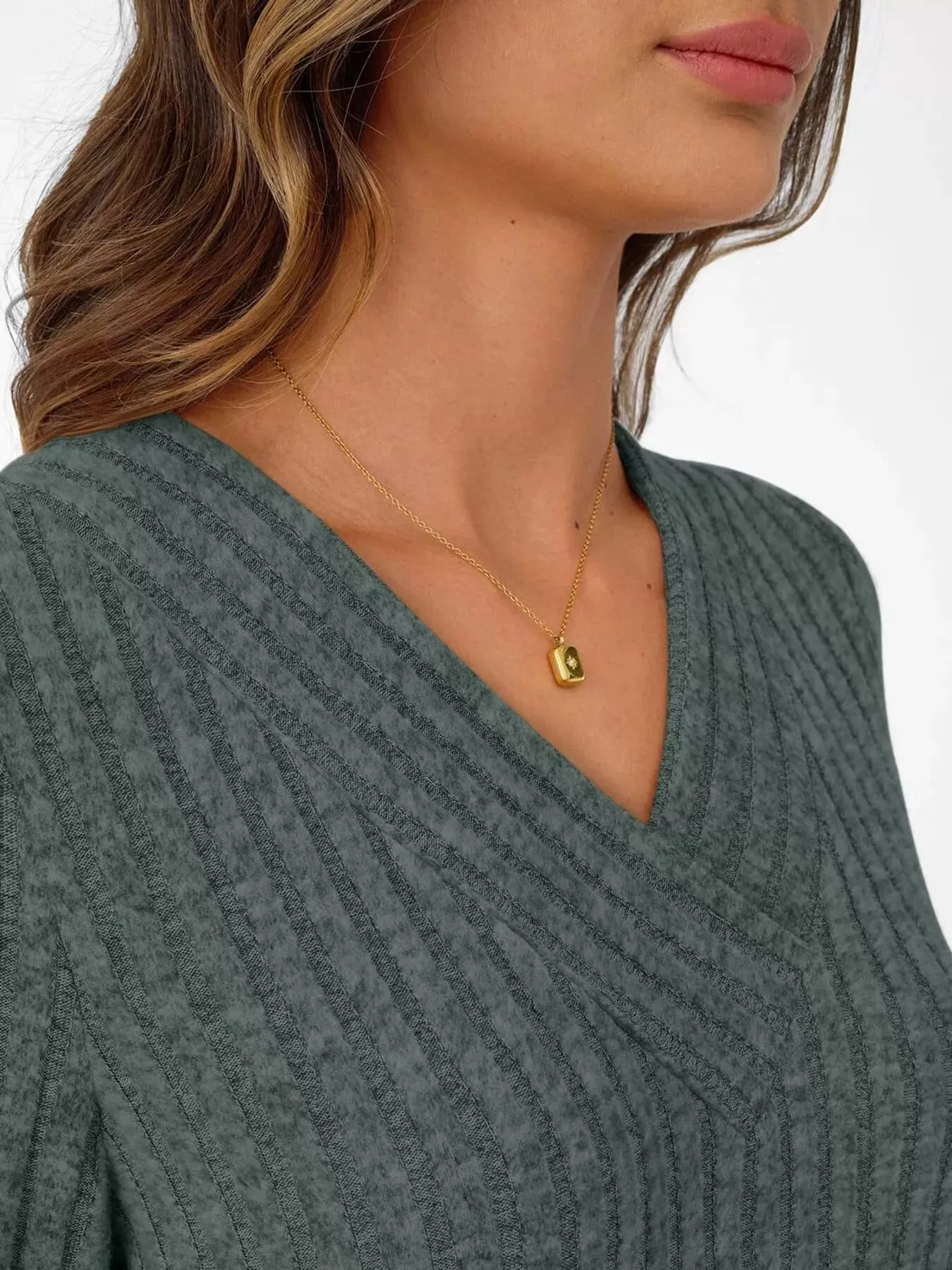 Ribbed Knit V-Neck Long Sleeve T-Shirt sold by Charming Charlie product image thumbnail 5