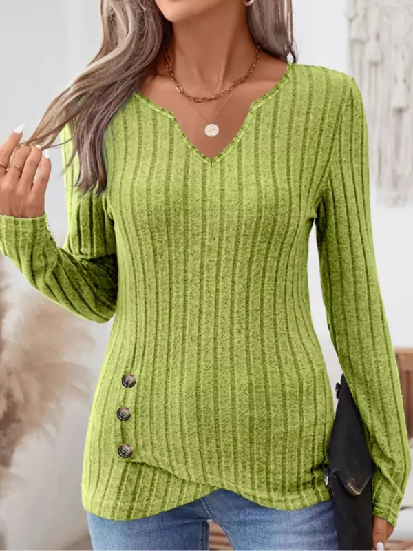 Ribbed Knit Notched Long Sleeve Top sold by Charming Charlie