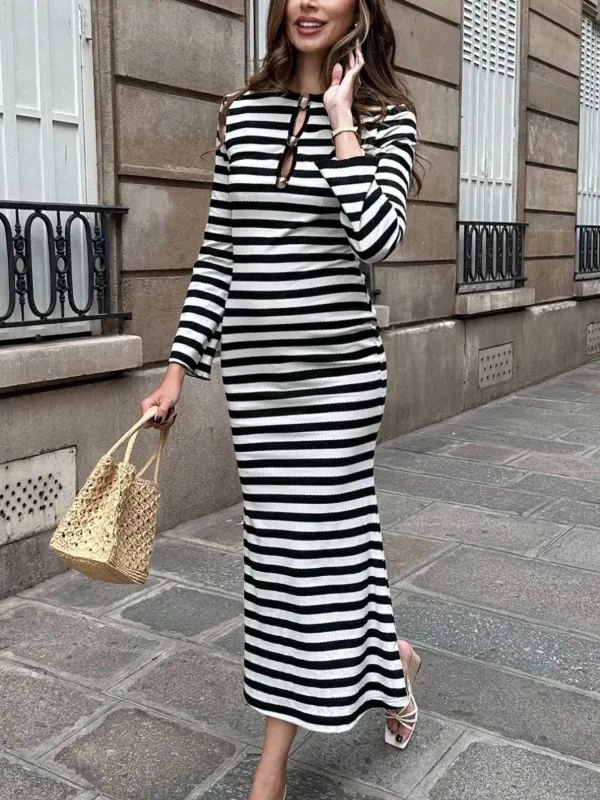 Striped Metal Buckle Bodycon Midi Dress sold by Charming Charlie