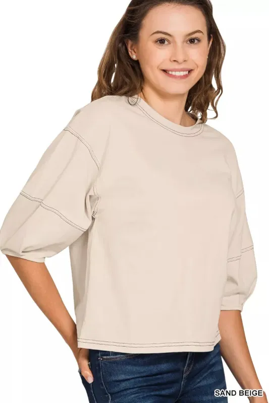 Zenana Balloon Sleeve Top with Contrast Stitching sold by Charming Charlie