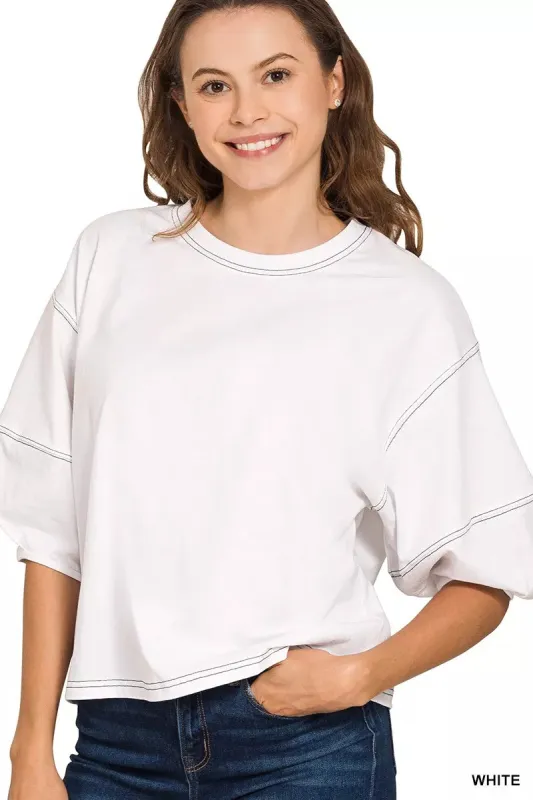 Zenana Balloon Sleeve Top with Contrast Stitching sold by Charming Charlie