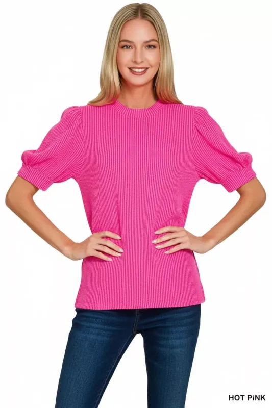 Zenana Raised Rib Puff Sleeve Top sold by Charming Charlie