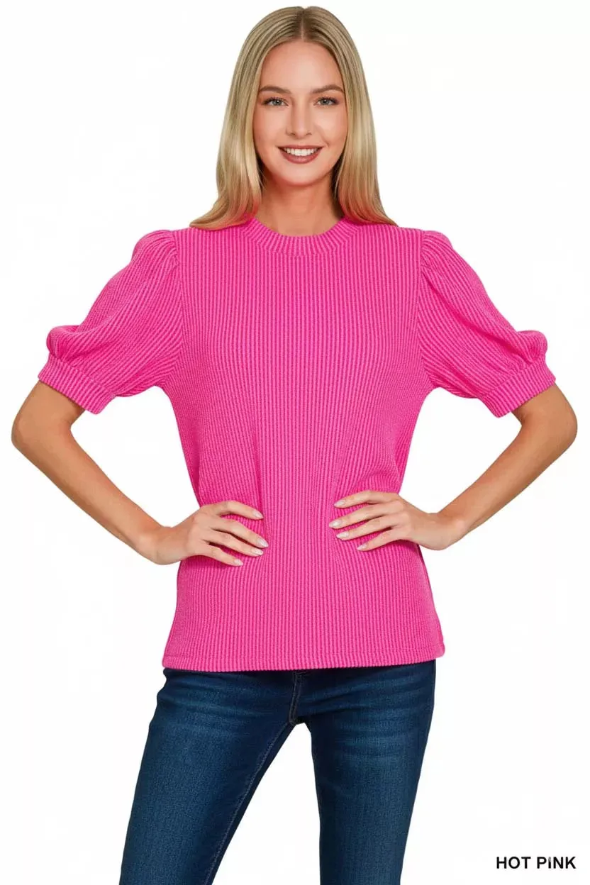 Zenana Raised Rib Puff Sleeve Top sold by Charming Charlie