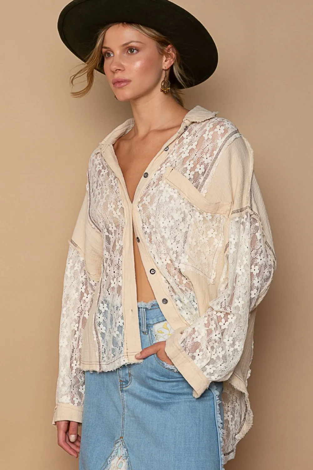 POL Oversize Lace Button-Down Shirt sold by Charming Charlie product image thumbnail 3