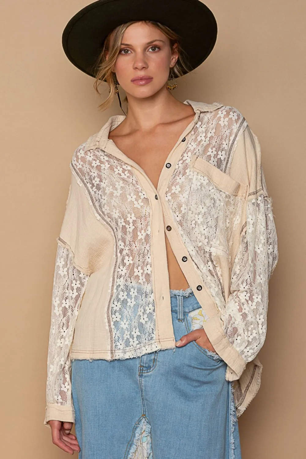 POL Oversize Lace Button-Down Shirt sold by Charming Charlie