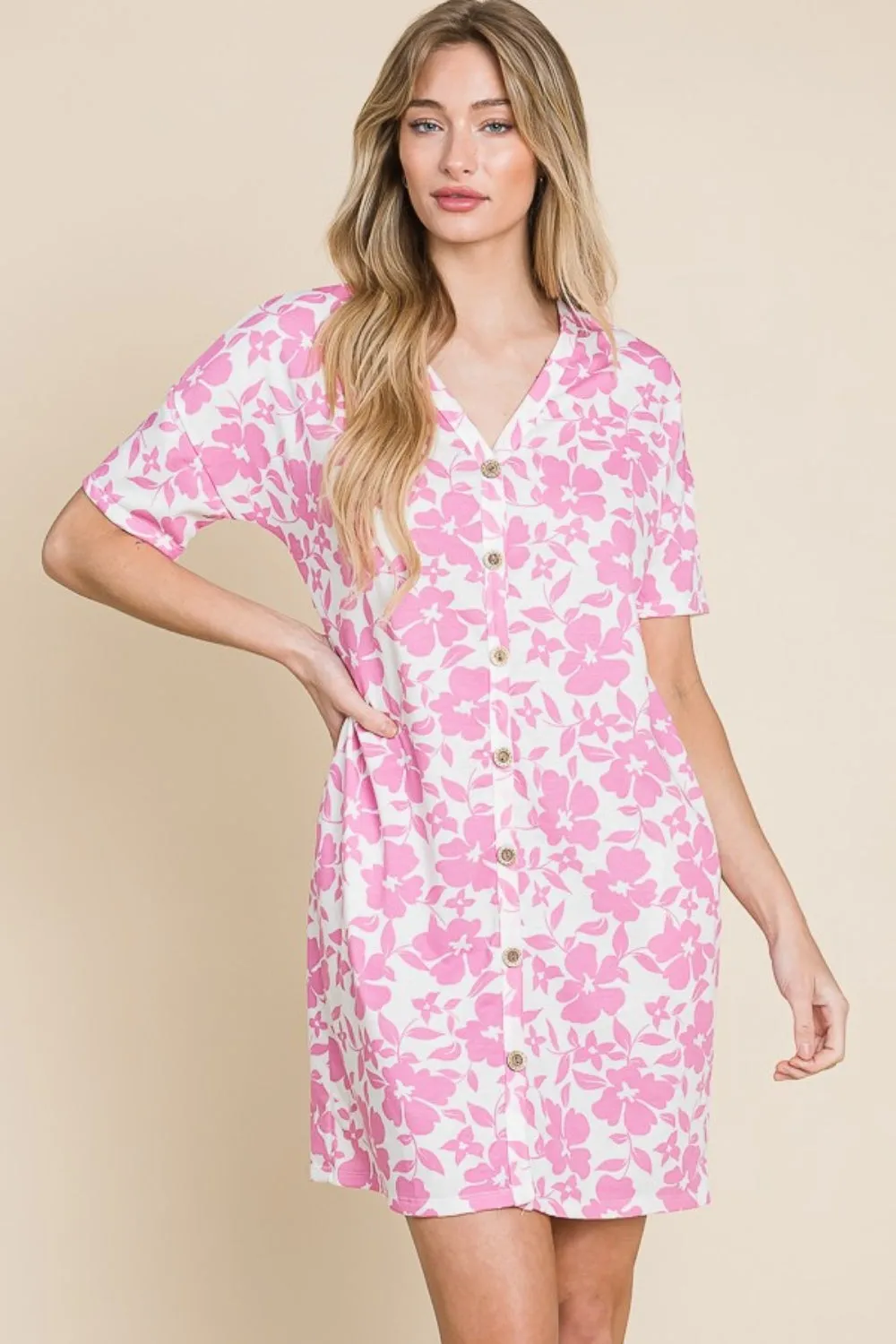 BOMBOM Floral Button Down Mini Dress sold by Charming Charlie