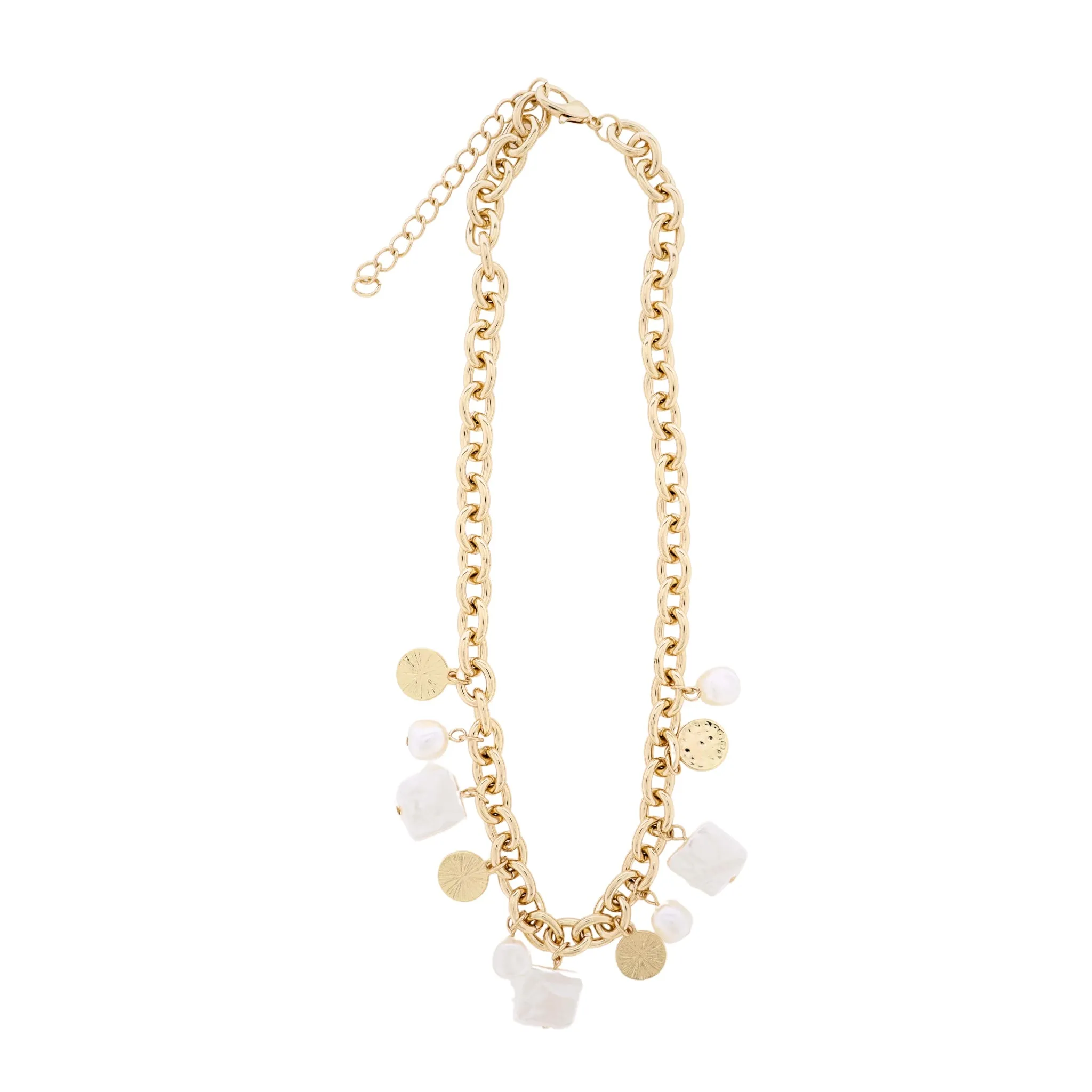 18K Gold Plated Gold Oval Link Chain Necklace with Gold & Pearl Multi Charm sold by Charming Charlie