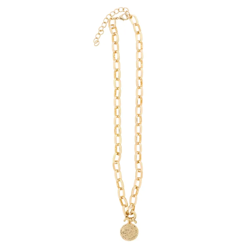 18K Gold Plated Gold Oval Link Chain Necklace with Gold Hammered Disk sold by Charming Charlie