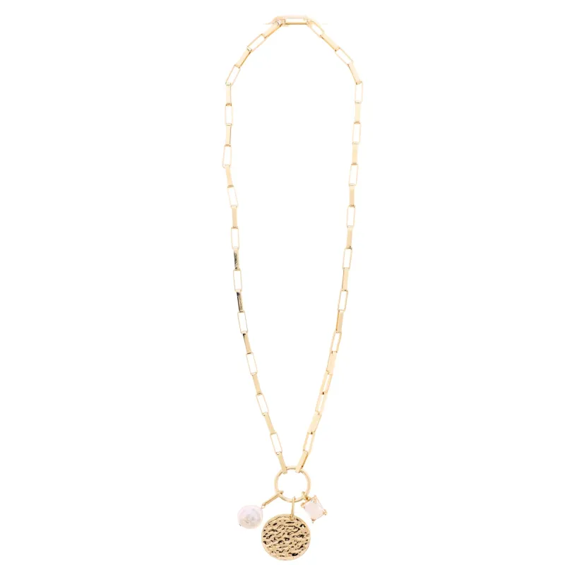 18K Gold Plated Gold Large Box Chain Necklace with Gold Hammered Disk, Clear Crystal, Pearl sold by Charming Charlie