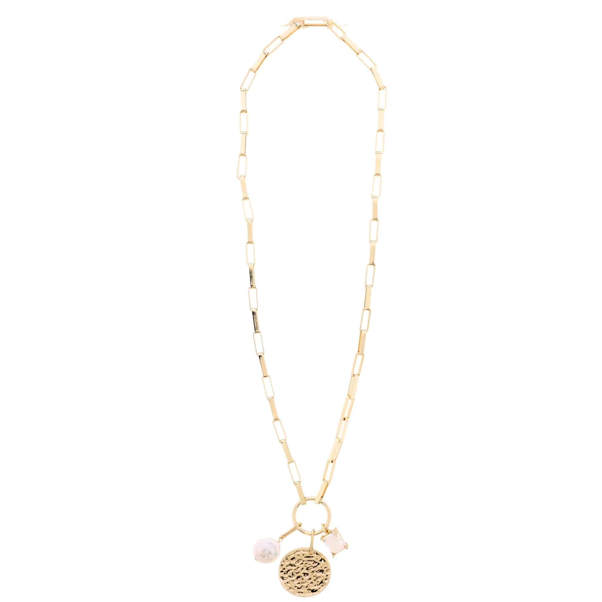 18K Gold Plated Gold Large Box Chain Necklace with Gold Hammered Disk, Clear Crystal, Pearl sold by Charming Charlie