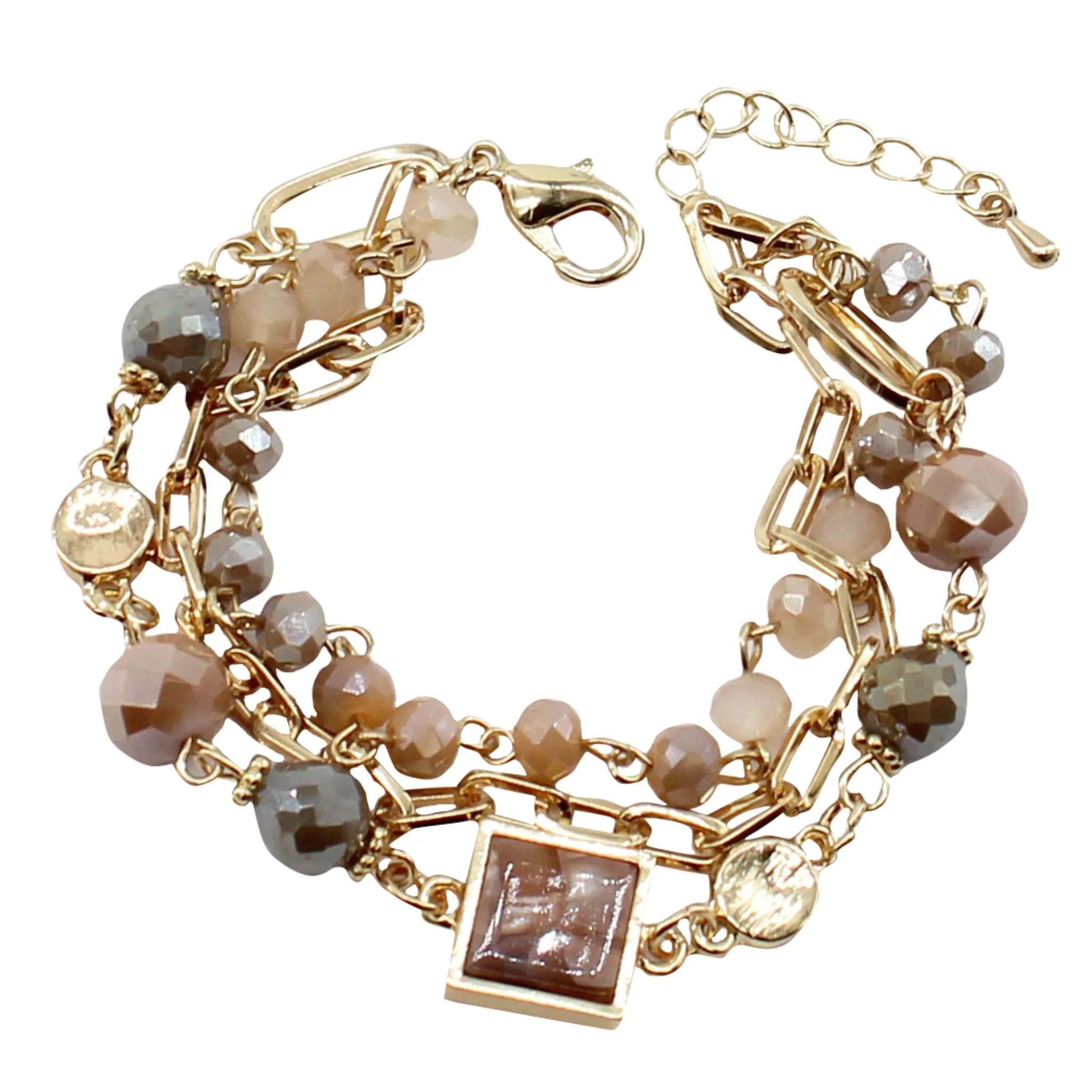 3 Strand Black, Champagne, Gold Beaded Link Bracelet with Black, Natural Resin Square sold by Charming Charlie