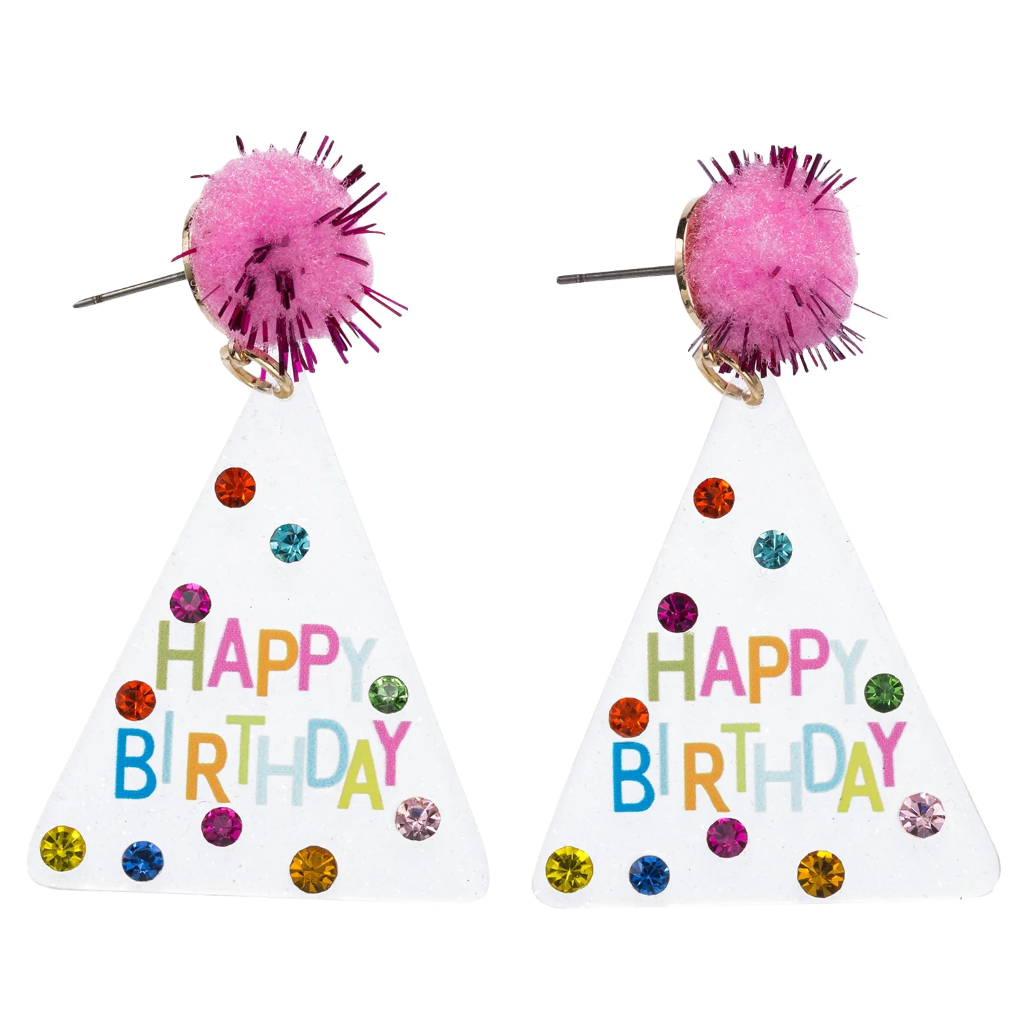 Multi Clear Acrylic Birthday Hat Earring with "Happy Birthday" & Multi Crystals sold by Charming Charlie