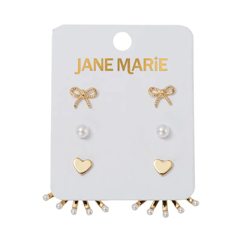 Set of 3 Earrings, Gold Bow, Pearl , Gold Heart with Pearl Tip Fan Jacket sold by Charming Charlie