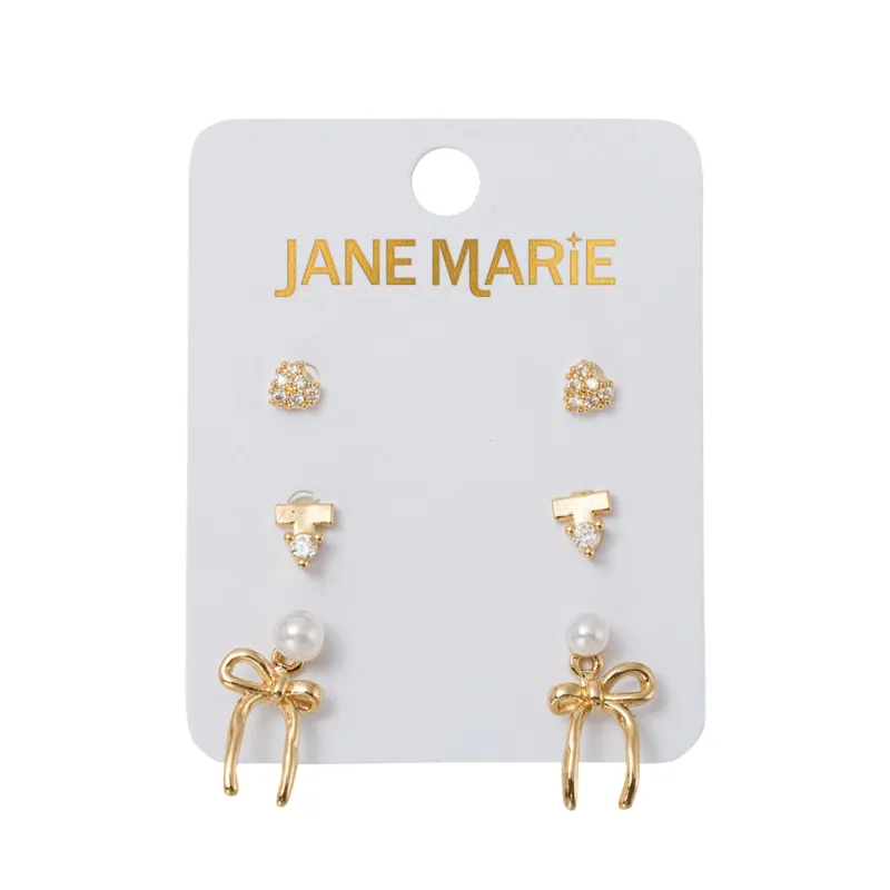 Set of 3 Earrings, Crystal Heart, Crystal with Bar, Pearl with Bow Jacket sold by Charming Charlie