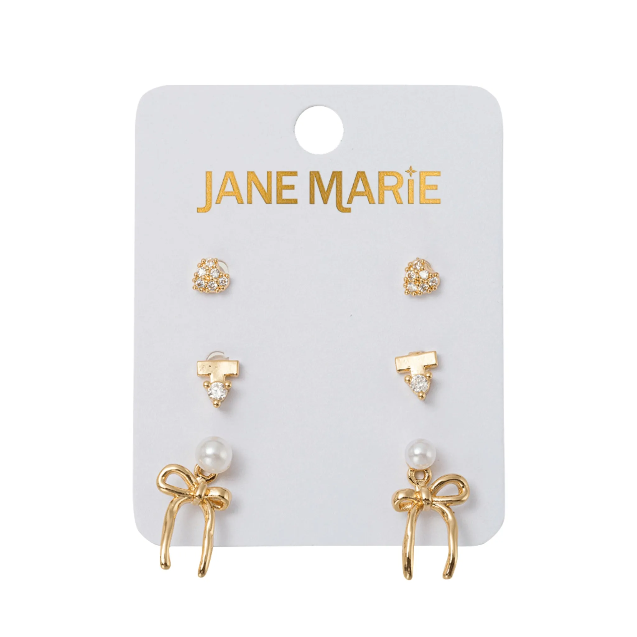 Set of 3 Earrings, Crystal Heart, Crystal with Bar, Pearl with Bow Jacket sold by Charming Charlie