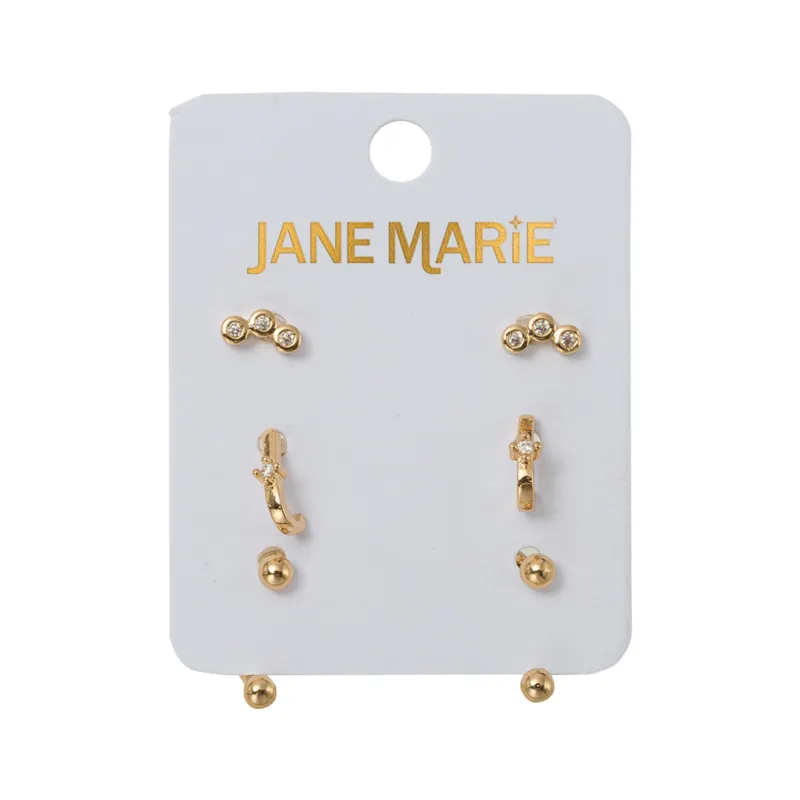 Set of 3 Earrings, 3 Clear Crystals, Crystal Faux Huggie, Gold Ball with Gold Ball Jacket sold by Charming Charlie