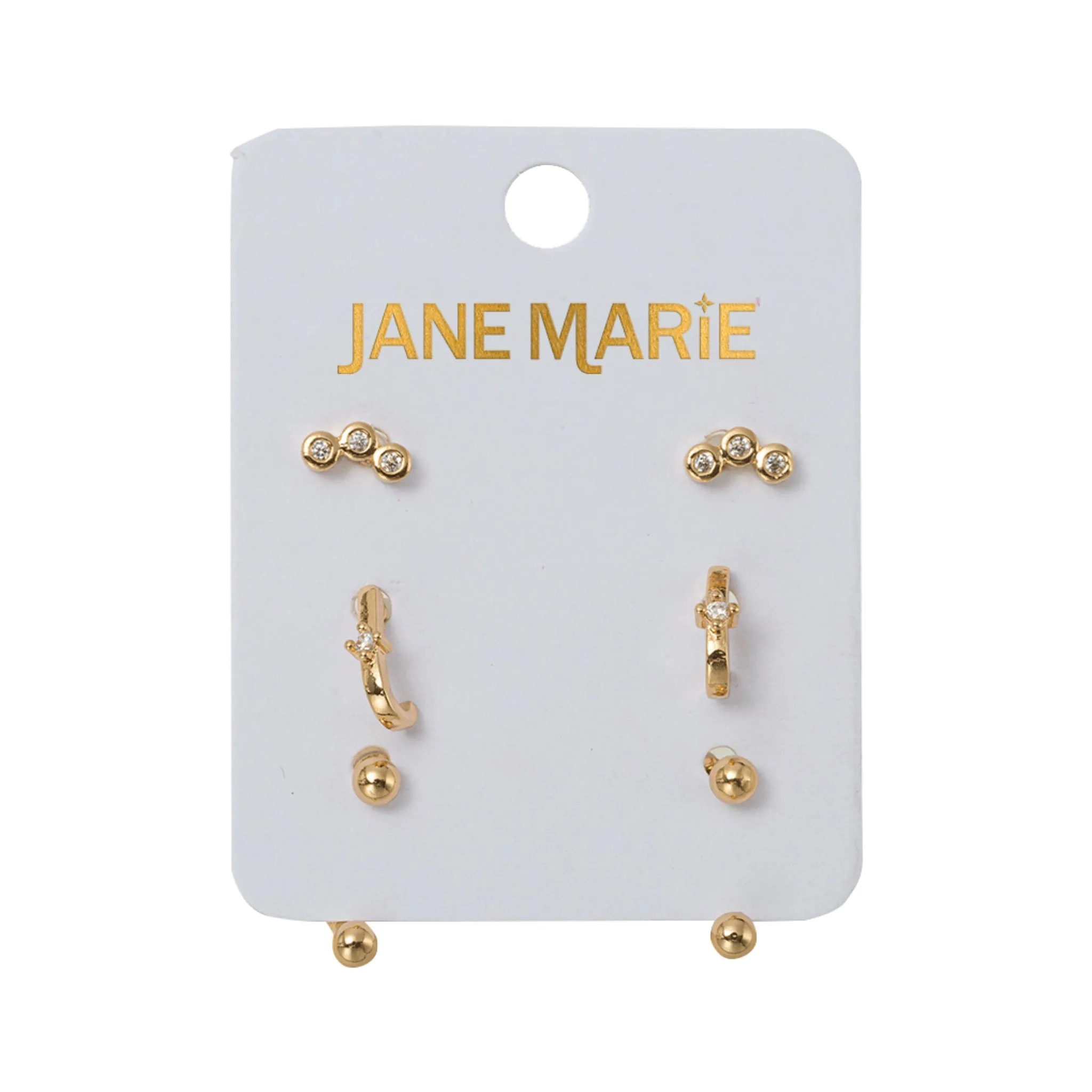 Set of 3 Earrings, 3 Clear Crystals, Crystal Faux Huggie, Gold Ball with Gold Ball Jacket sold by Charming Charlie