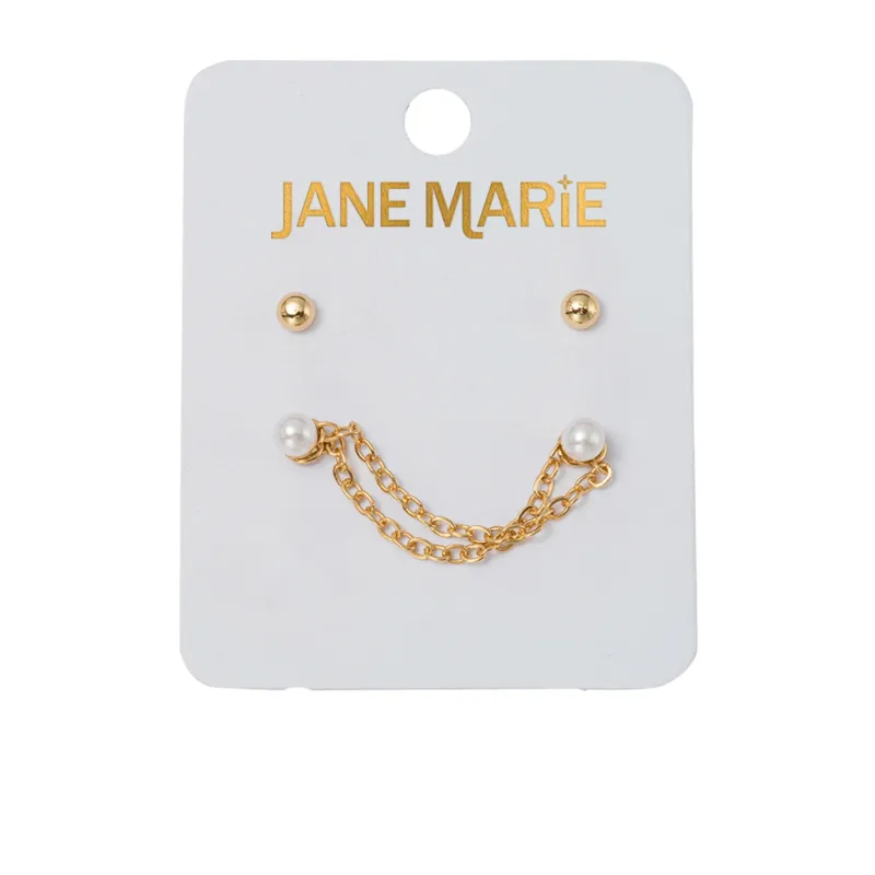 Set of 2 Earrings, Gold Ball, Pearl Double Stud Chain Earring sold by Charming Charlie