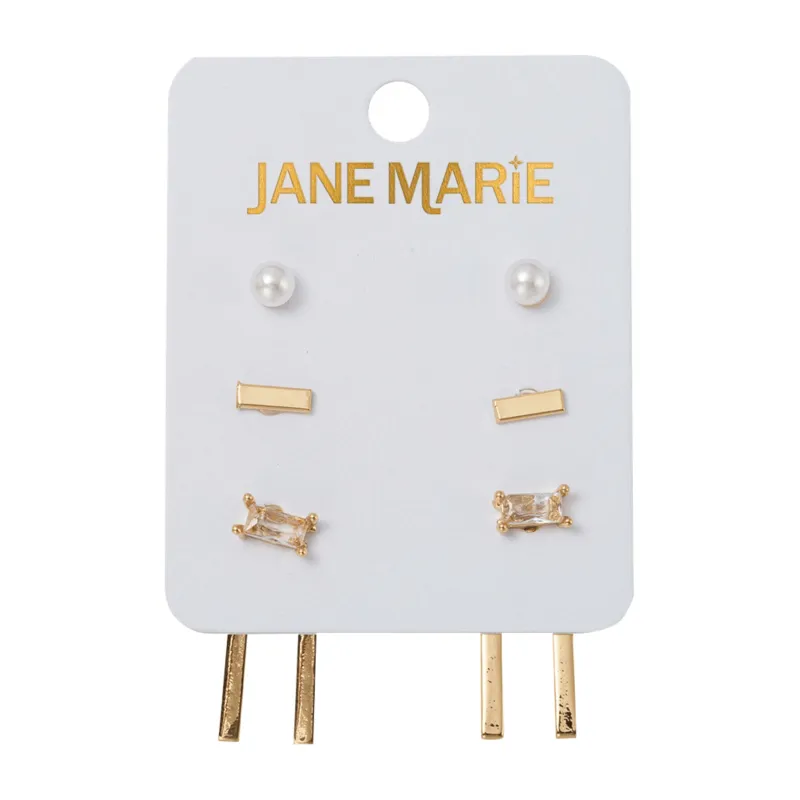 Set of 3 Earrings, Pearl, Gold Bar, Clear Rectangle Crystal with Jacket Double Bar sold by Charming Charlie