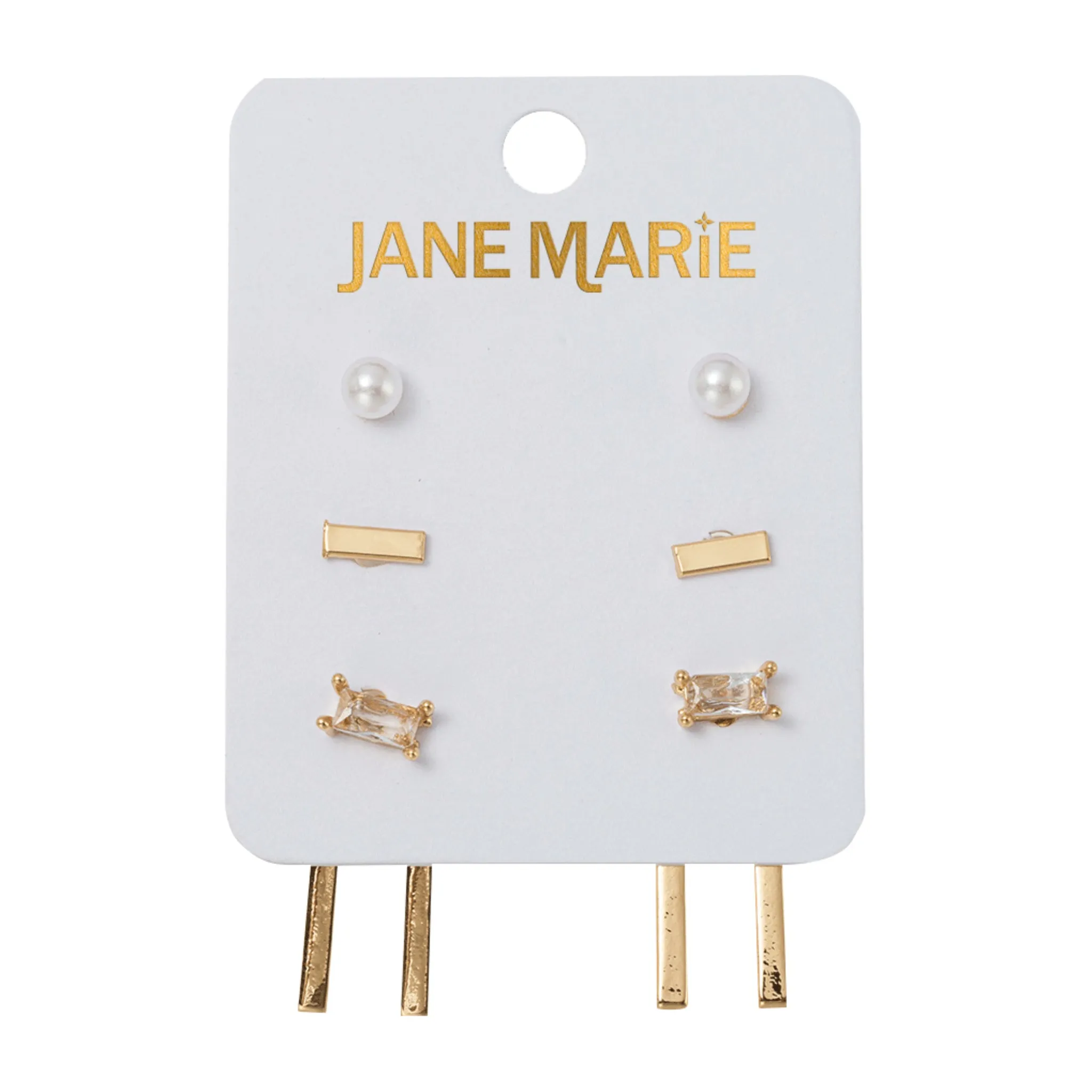Set of 3 Earrings, Pearl, Gold Bar, Clear Rectangle Crystal with Jacket Double Bar sold by Charming Charlie