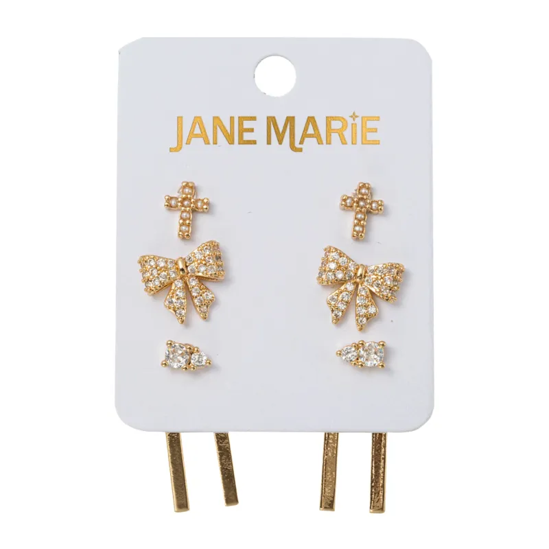 Set of 3 Earrings Pearl Cross, Crystal Bow, Crystal with Double Bar Jacket sold by Charming Charlie